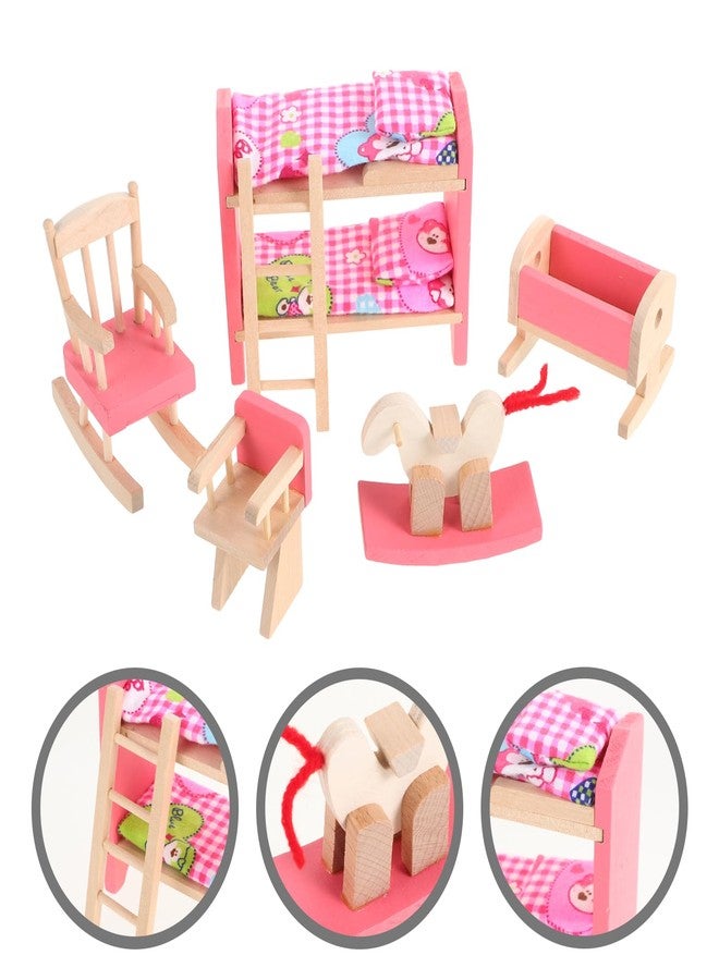 JOINPAYA 1:12 Scale Wood Bunk Bed Dollhouse Furniture Setith Ladder and Rocking Horse, DIY Miniature Accessories for Dollhouse Bedroom Decoration - Image 5